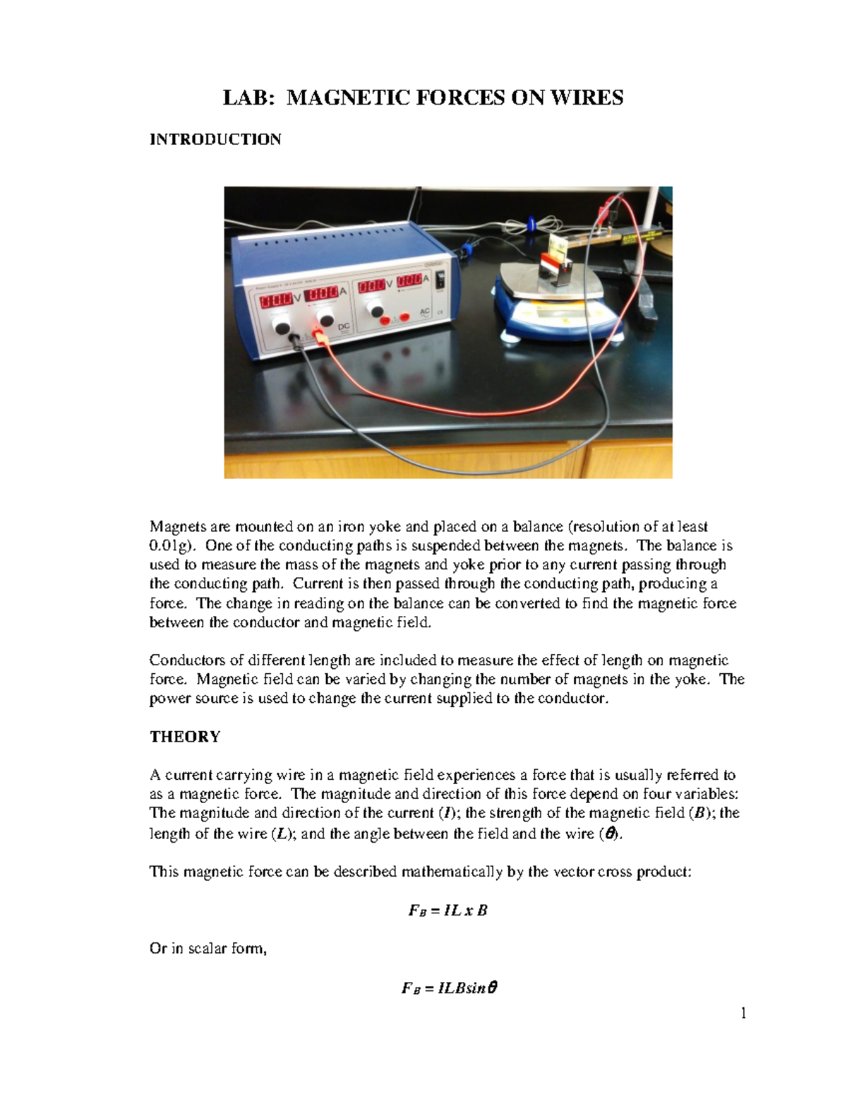 Lab8 Current Balance Lab LAB FORCES ON WIRES INTRODUCTION