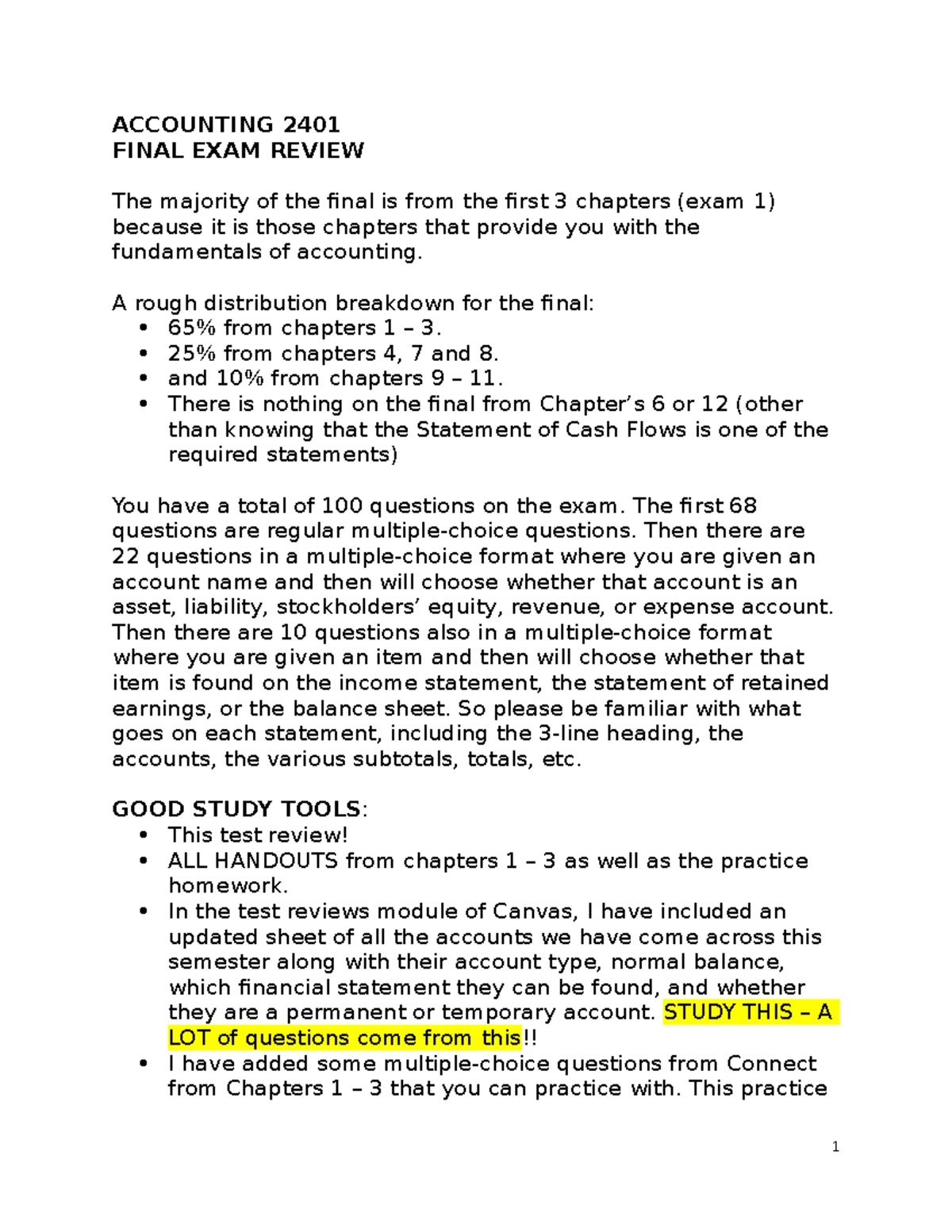 Test Review Final Exam Practice Questions ACCOUNTING 2401 FINAL 