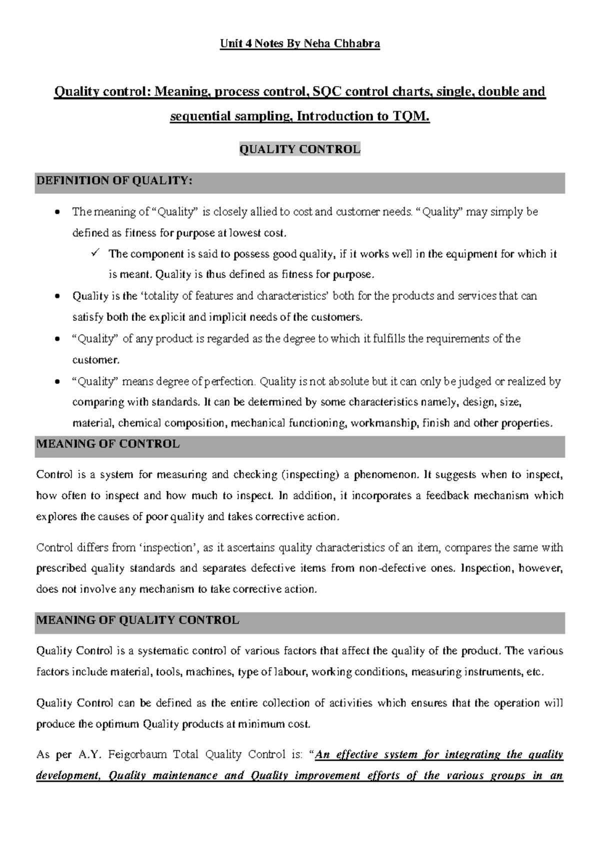 265963642 Unit 4 Quality Control Unit 4 Notes By Neha Chhabra Quality