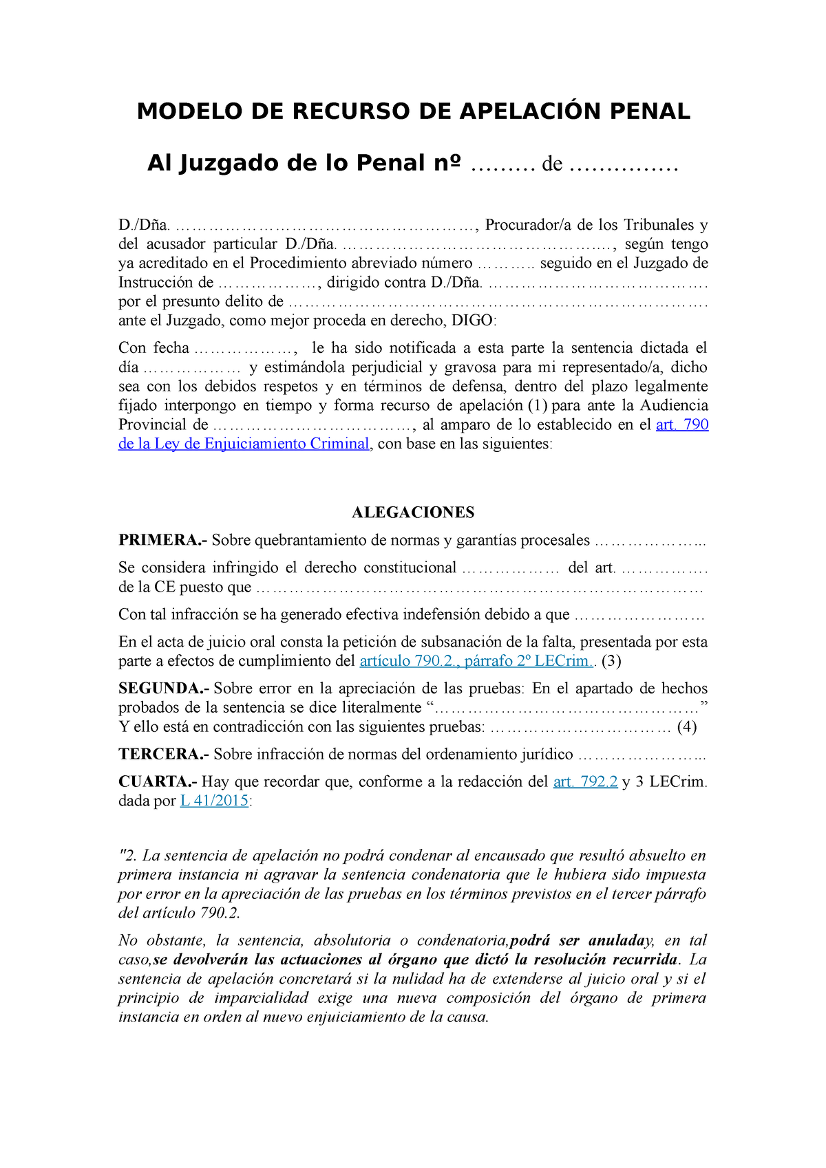 Formulario de Recurso de Apelacion Penal - MODELO DE RECURSO DE APELACIÓN  PENAL Al Juzgado de lo - Studocu