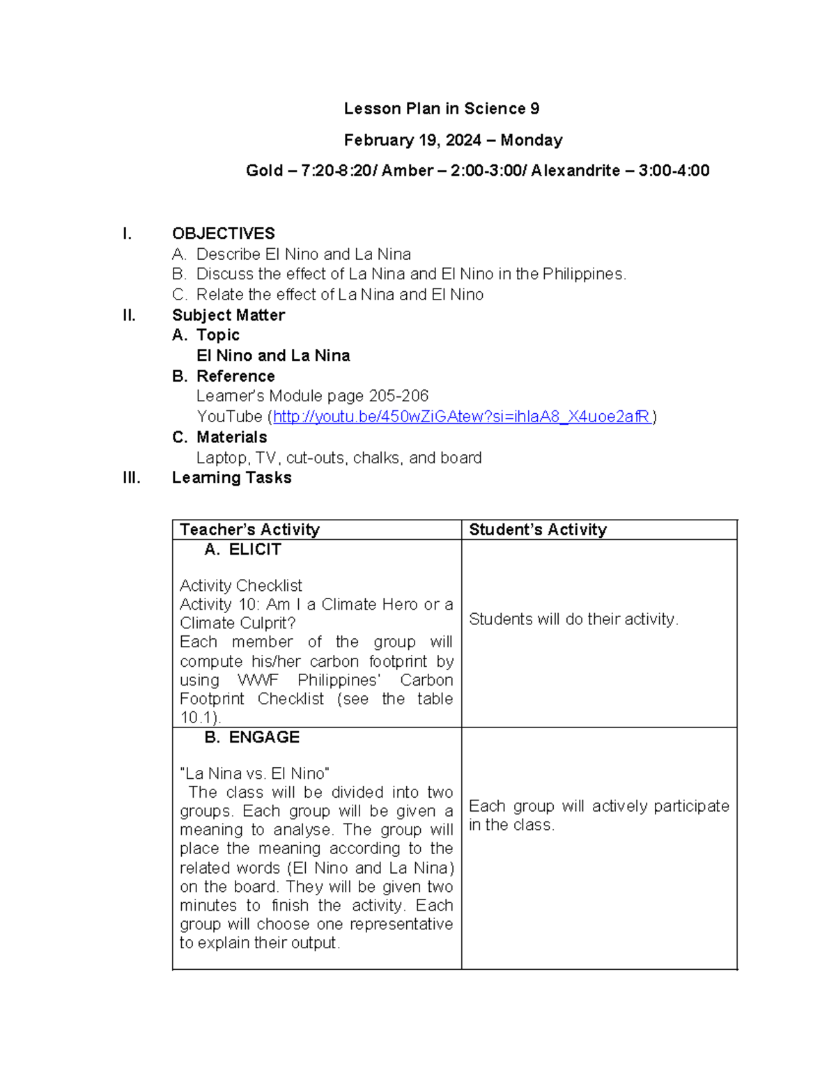 Lesson Plan in Science 9 el nino and la nina - Lesson Plan in Science 9 ...