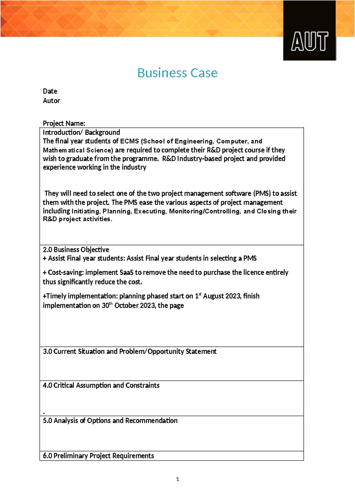 Business case - year 2023 Assignment - Business Case Date Autor Project ...