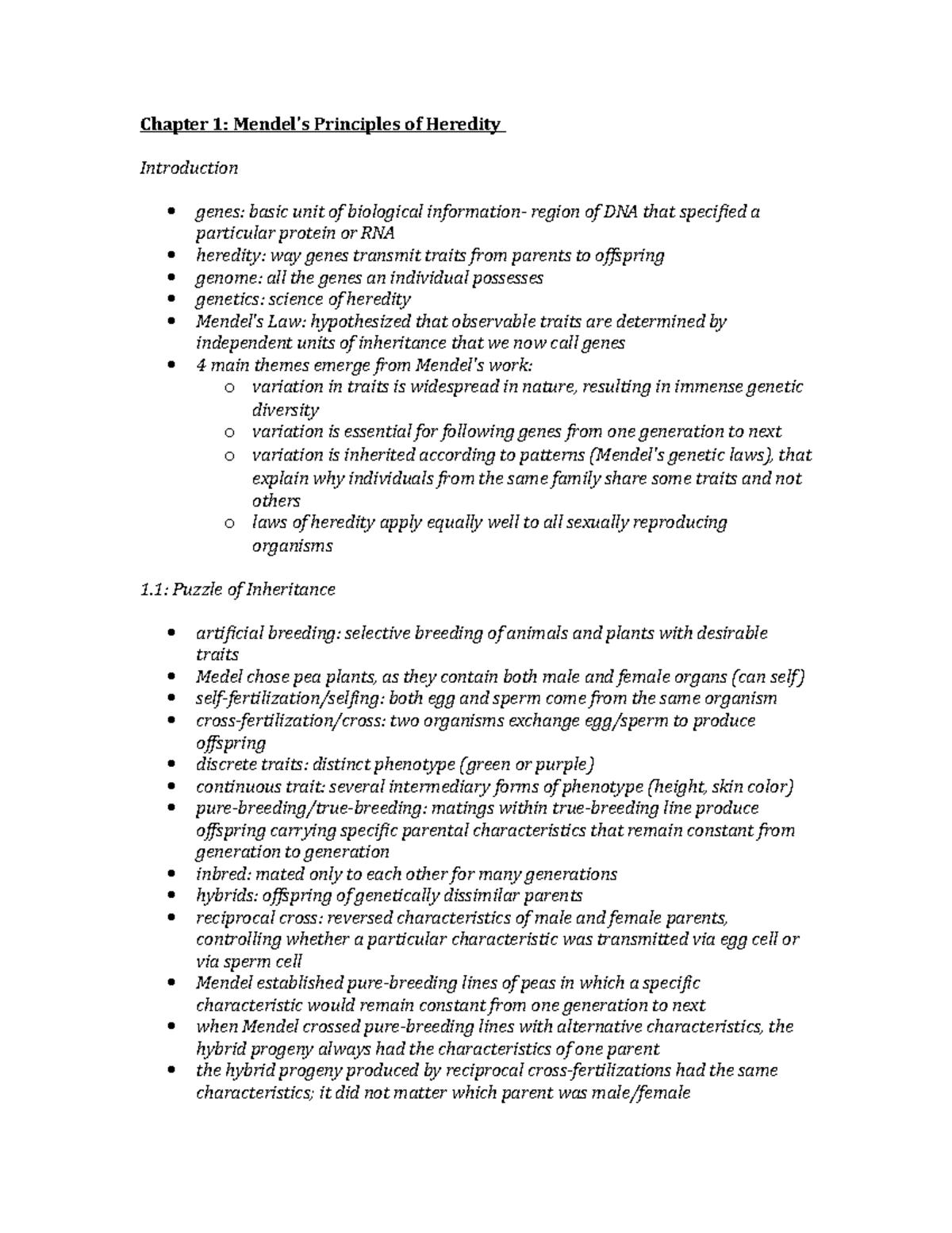Genetics - Chapter 1 Summary - Chapter 1: Mendel's Principles of ...