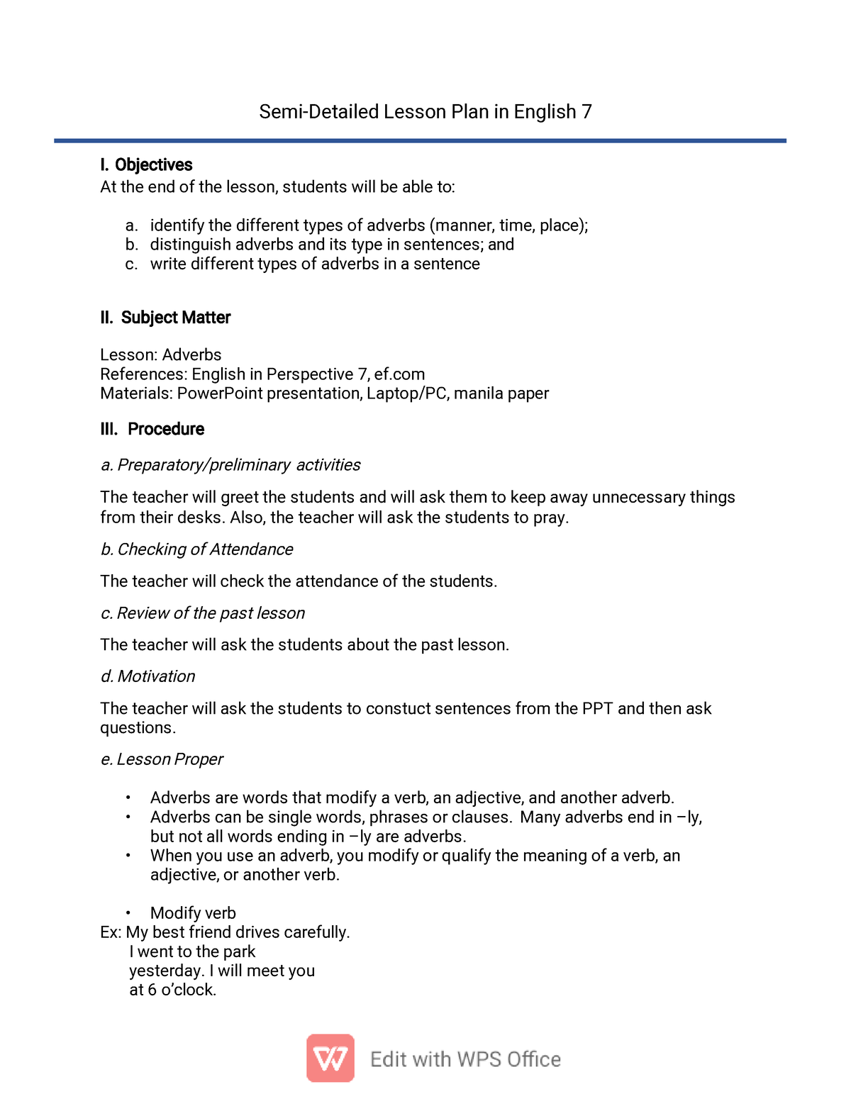 'Adverbs' - Semi-Detailed Lesson Plan In English 7 I. Objectives At The ...