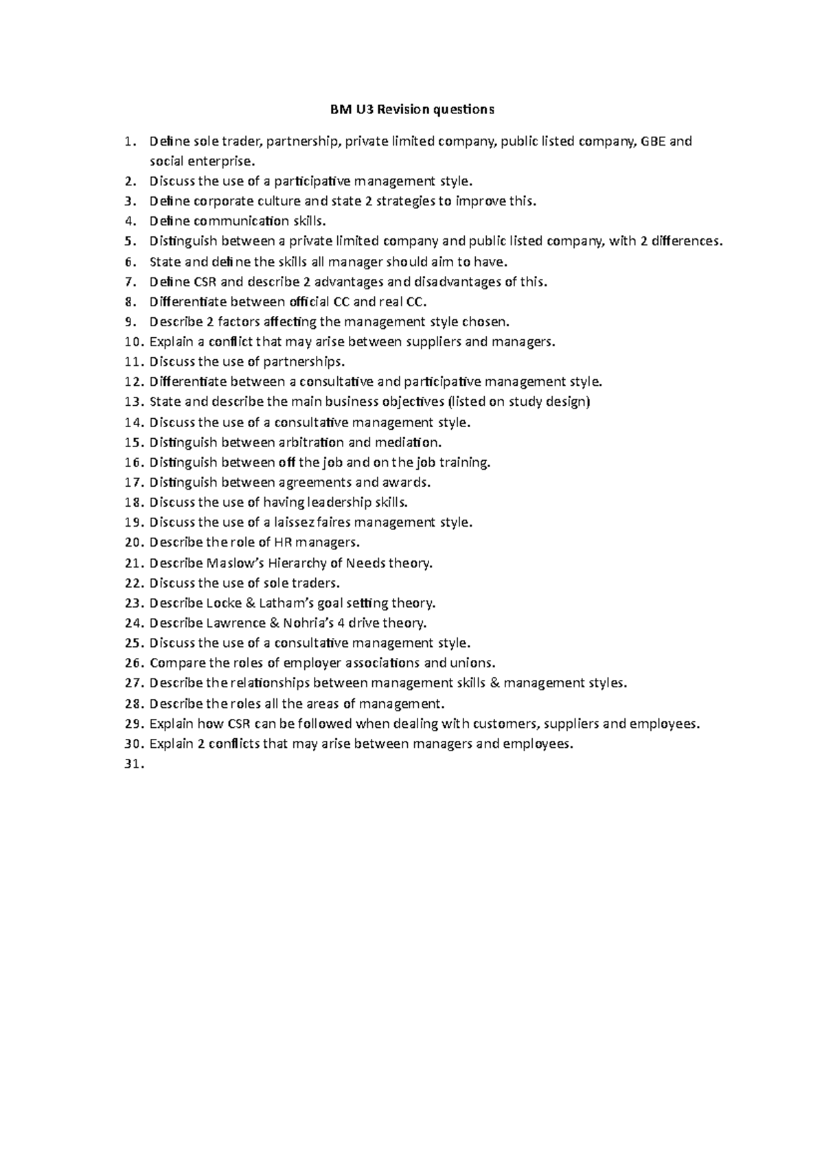 Bm revision U3 qs business notes BM U3 Revision questions Define