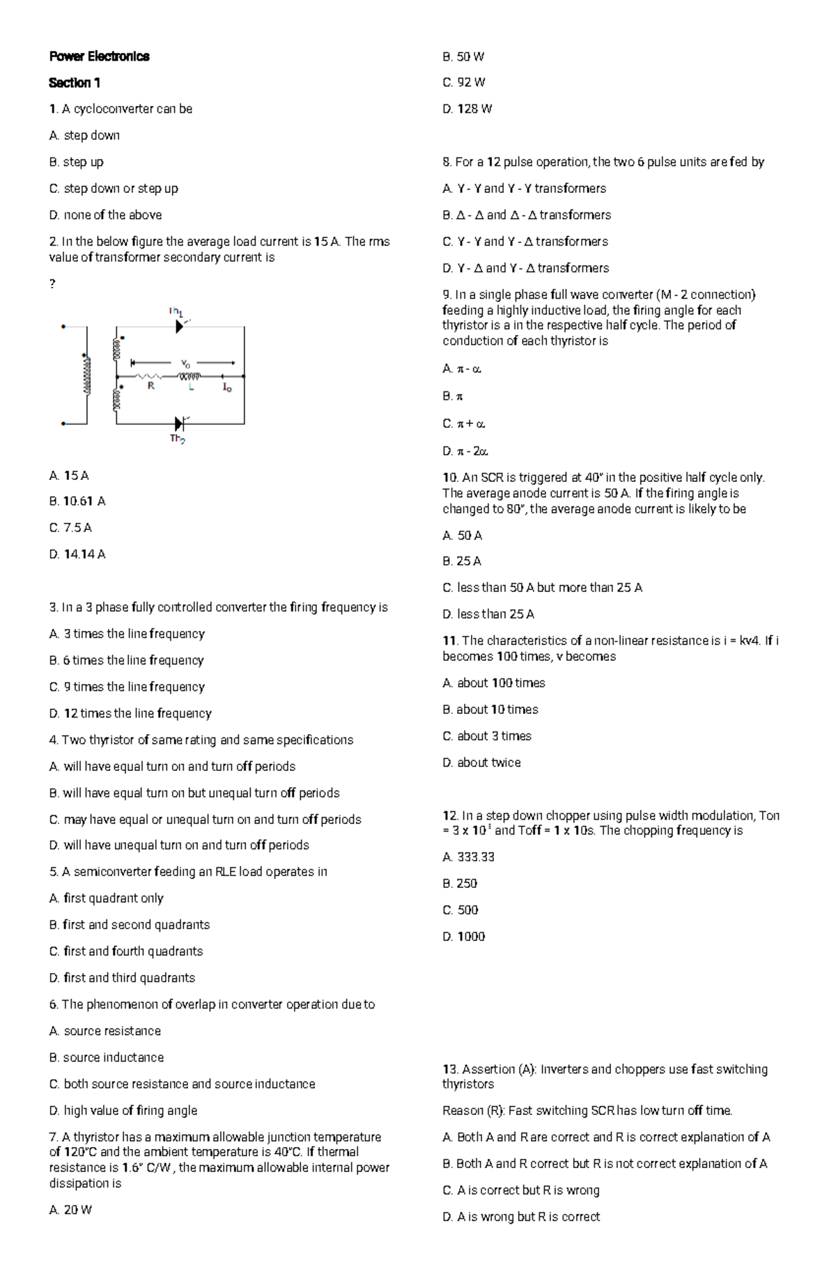 Power-Electronics-Questions - PowerEl Ect R Oni Cs B Sect I On1 C 1 Cl ...