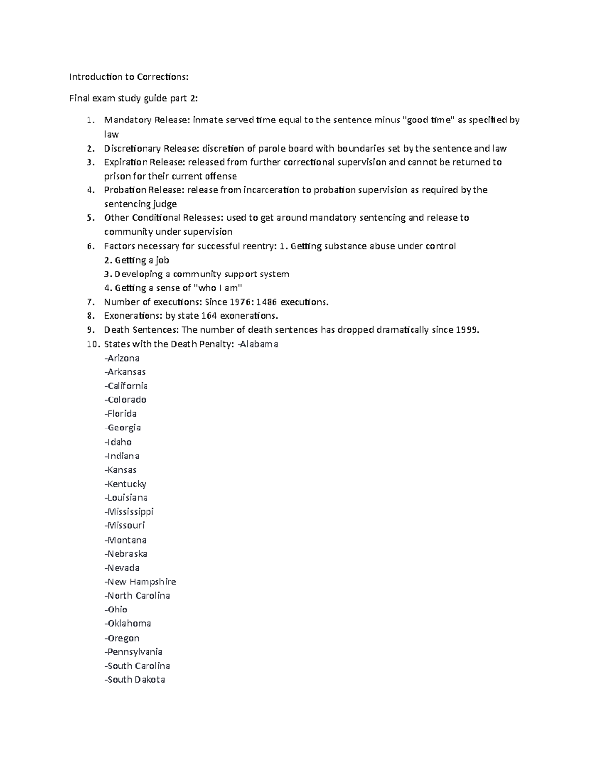 Intro to corrections final exam study guide part 2 - Introduction to ...