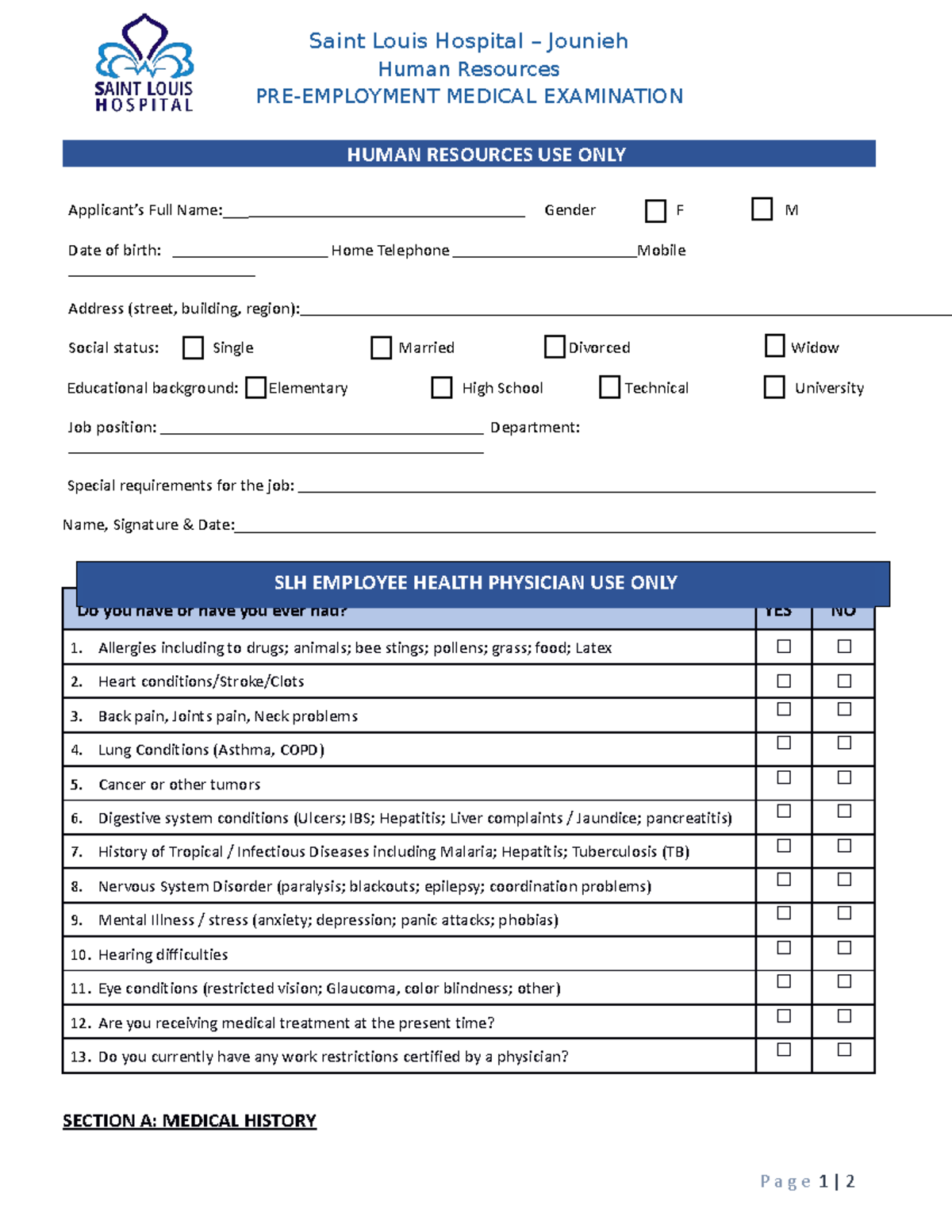 OHS Pre employment medical exam Form Saint Louis Hospital Jounieh