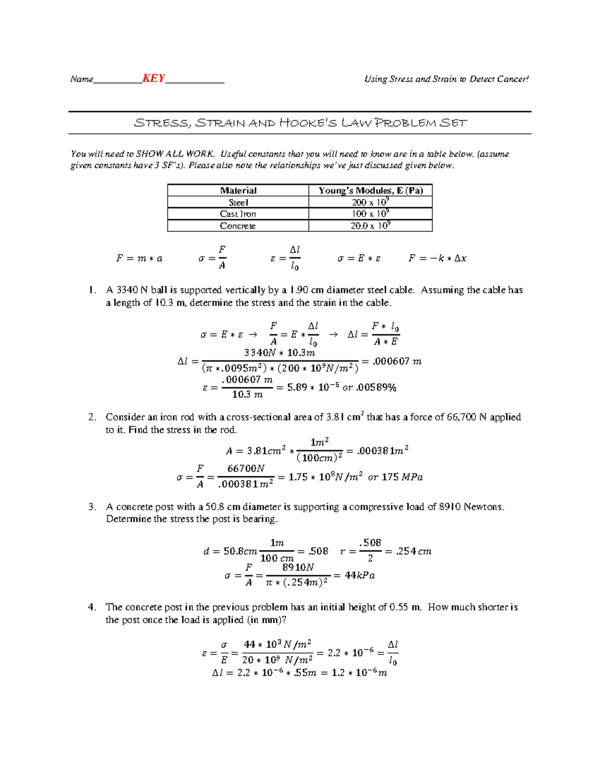 Stress strain hookes law key - Name__________KEY____________ Using ...
