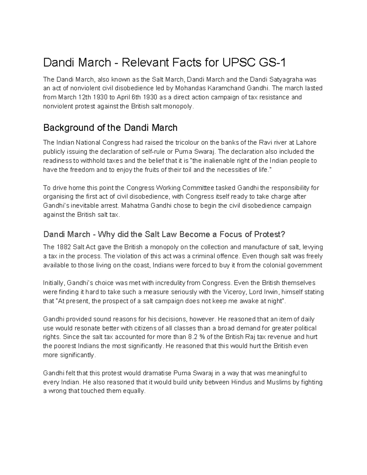 DandiMarch best Dandi March Relevant Facts for UPSC GS The Dandi March, also known as