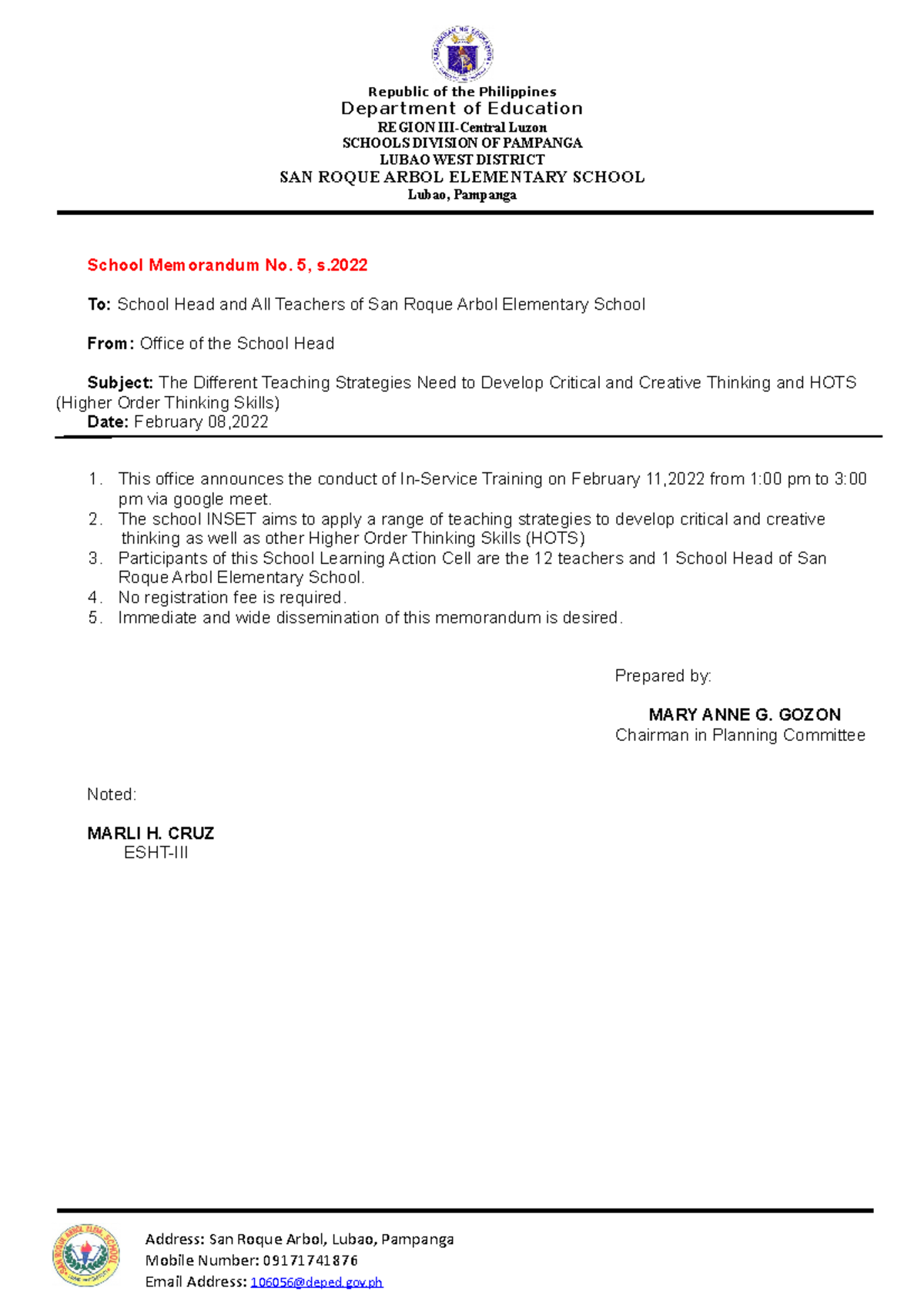 S.Memo #5 (Mam Anne Inset) - Address: San Roque Arbol, Lubao, Pampanga ...
