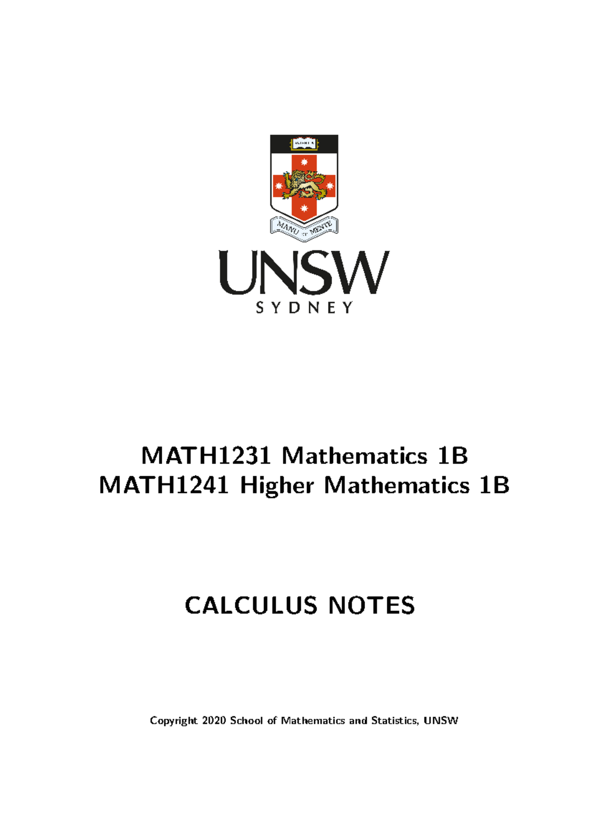 MATH1231 1241 Calculus Notes 2020T1 MATH1231 Mathematics 1B MATH1241