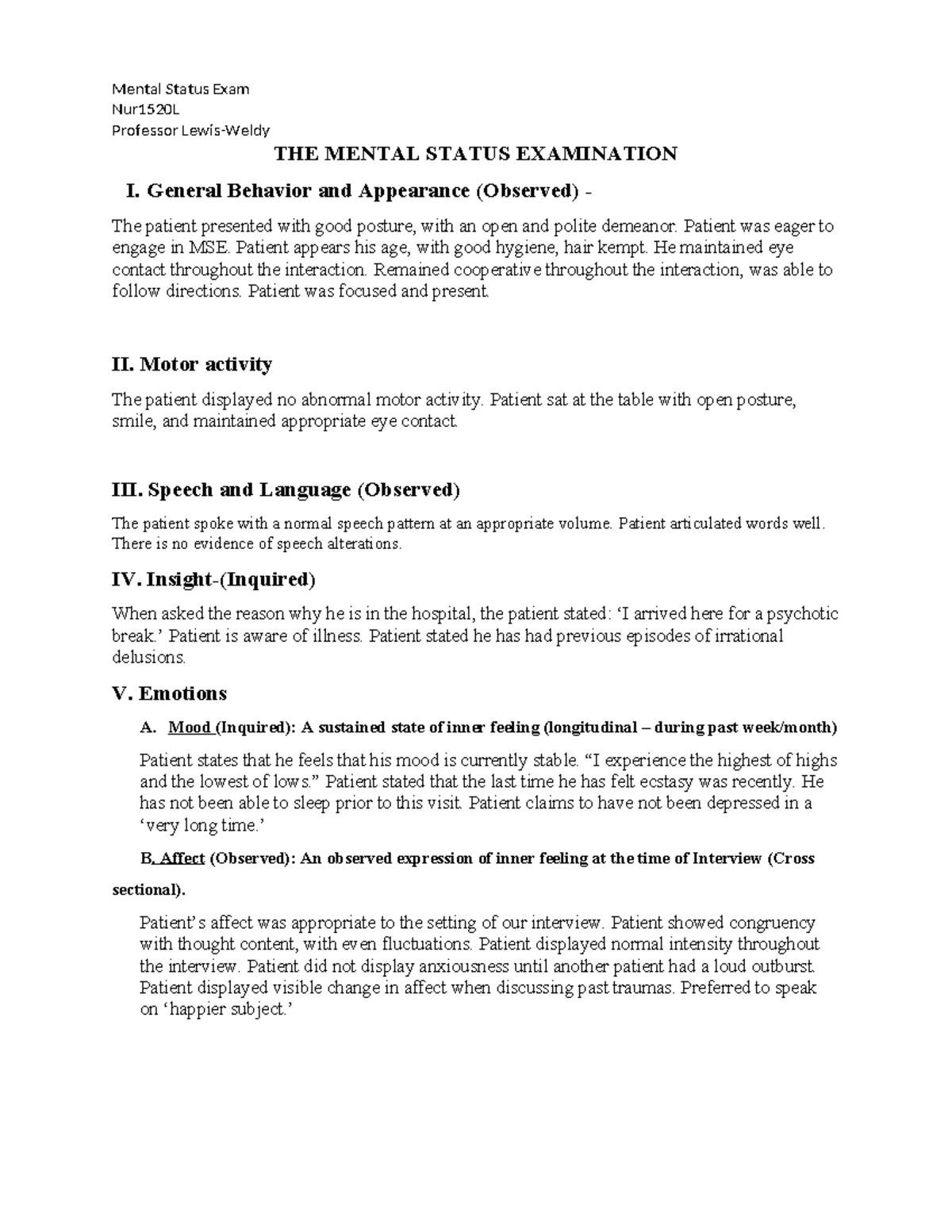 Mental Status Exam Example - Mental Status Exam Nur1520L Professor ...