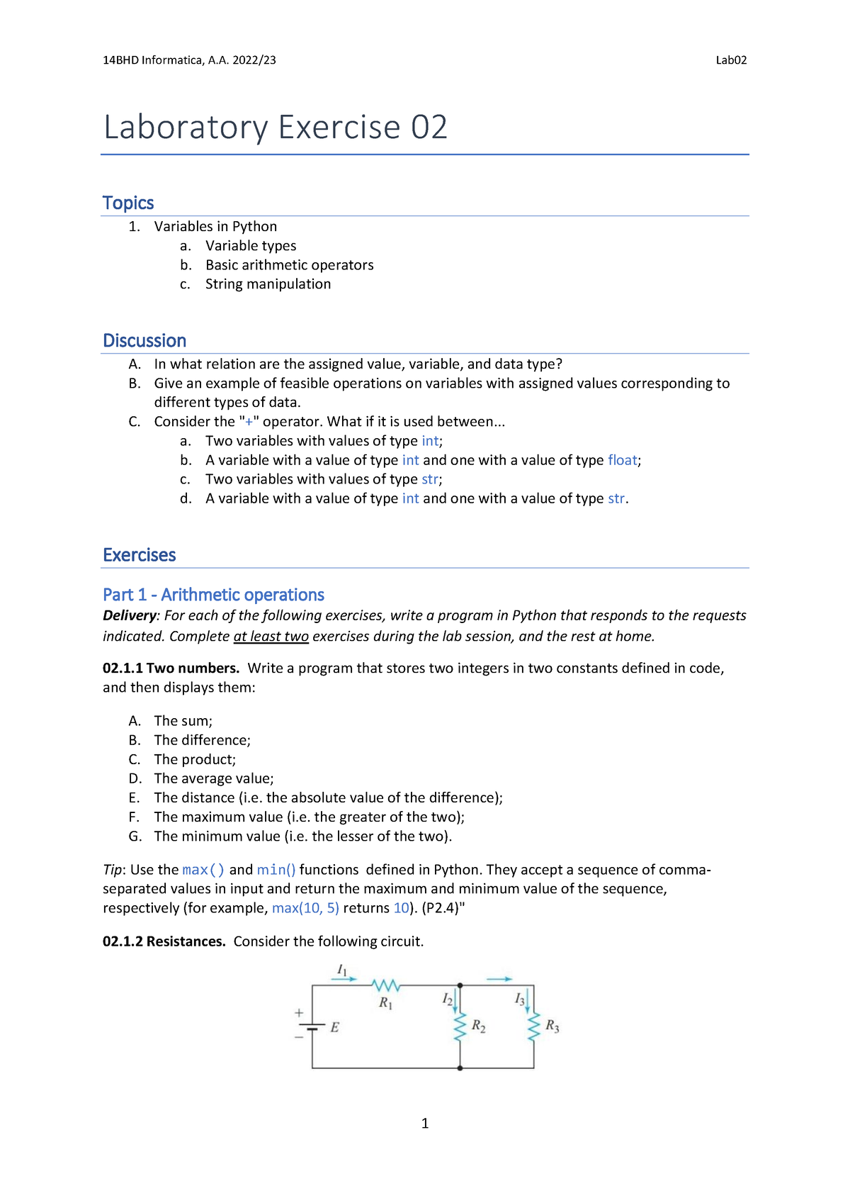 Lab02 - Lab - 14BHD Informatica, A. 2022/23 Lab 1 Laboratory Exercise ...