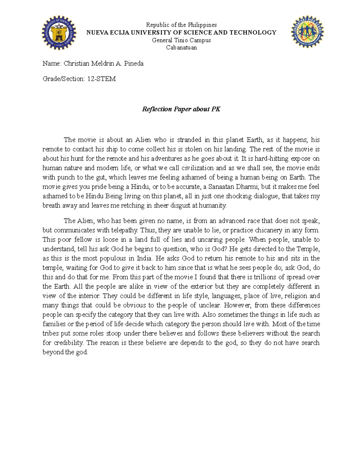 Reflection Paper PK - Pineda - Republic of the Philippines NUEVA ECIJA ...