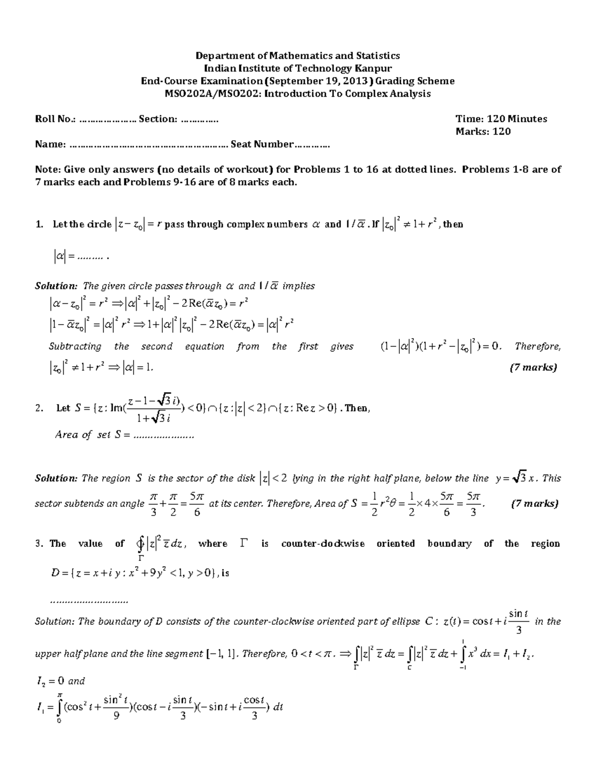 MSO202End Course Exam Grading Scheme - Department of Mathematics and Statistics Indian Institute ...