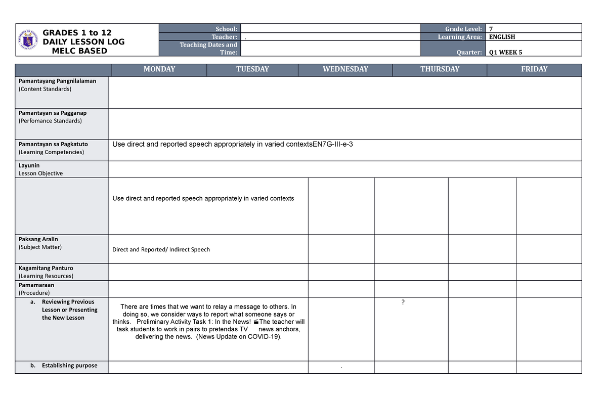 MELC DLL ENG 7 WEEK 5 Q1 Done - GRADES 1 To 12 DAILY LESSON LOG MELC ...