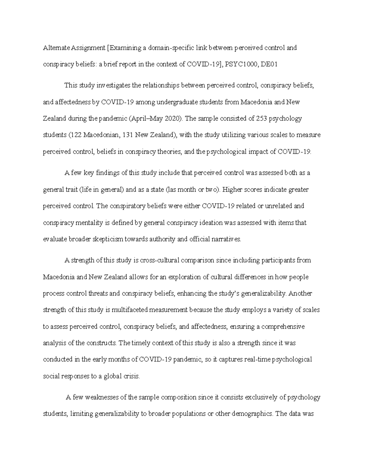 Alternate assignment PSYC1000 - Alternate Assignment [Examining a ...