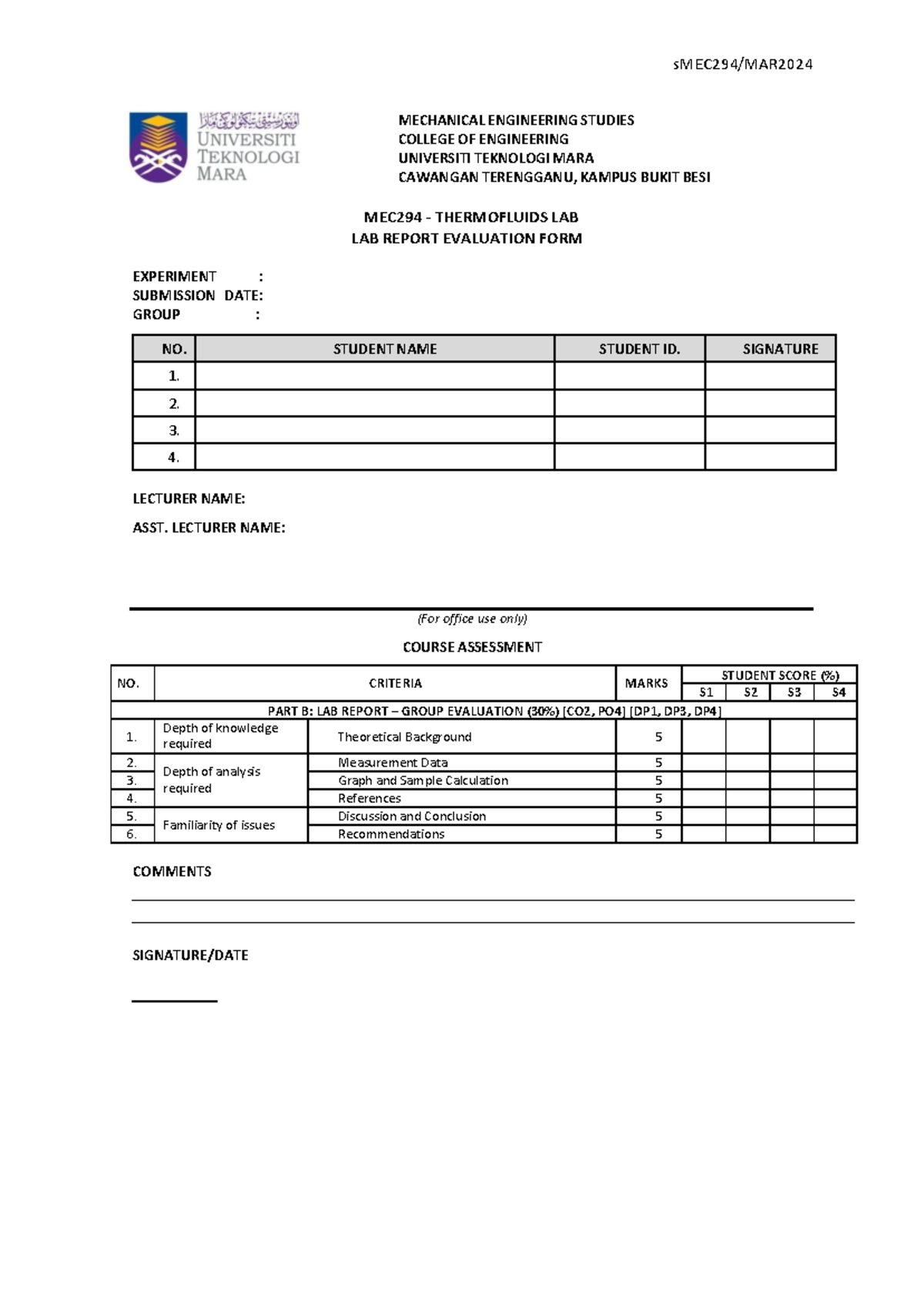 LAB Report Water JET - sMEC 294 /MAR 2024 MECHANICAL ENGINEERING ...