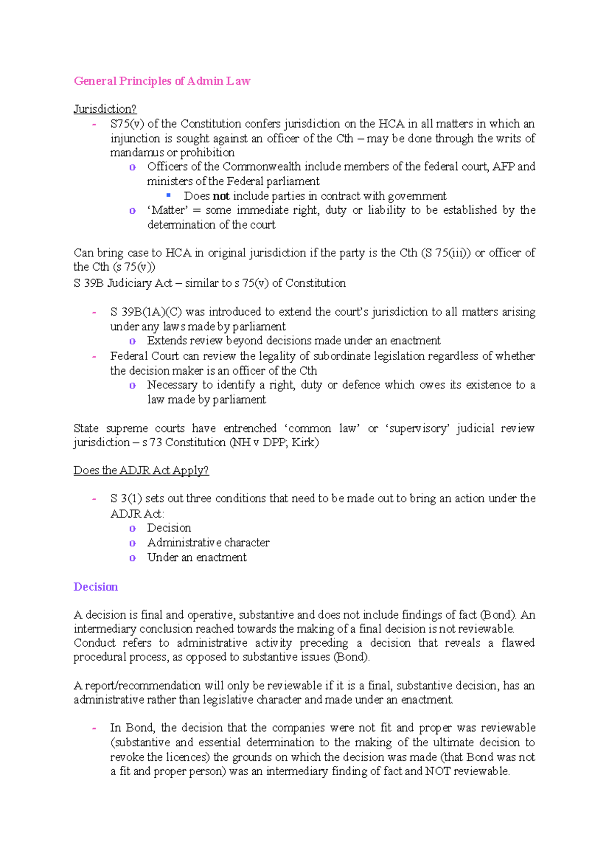 Admin EXAM Notes - General Principles of Admin Law Jurisdiction? - S75 ...