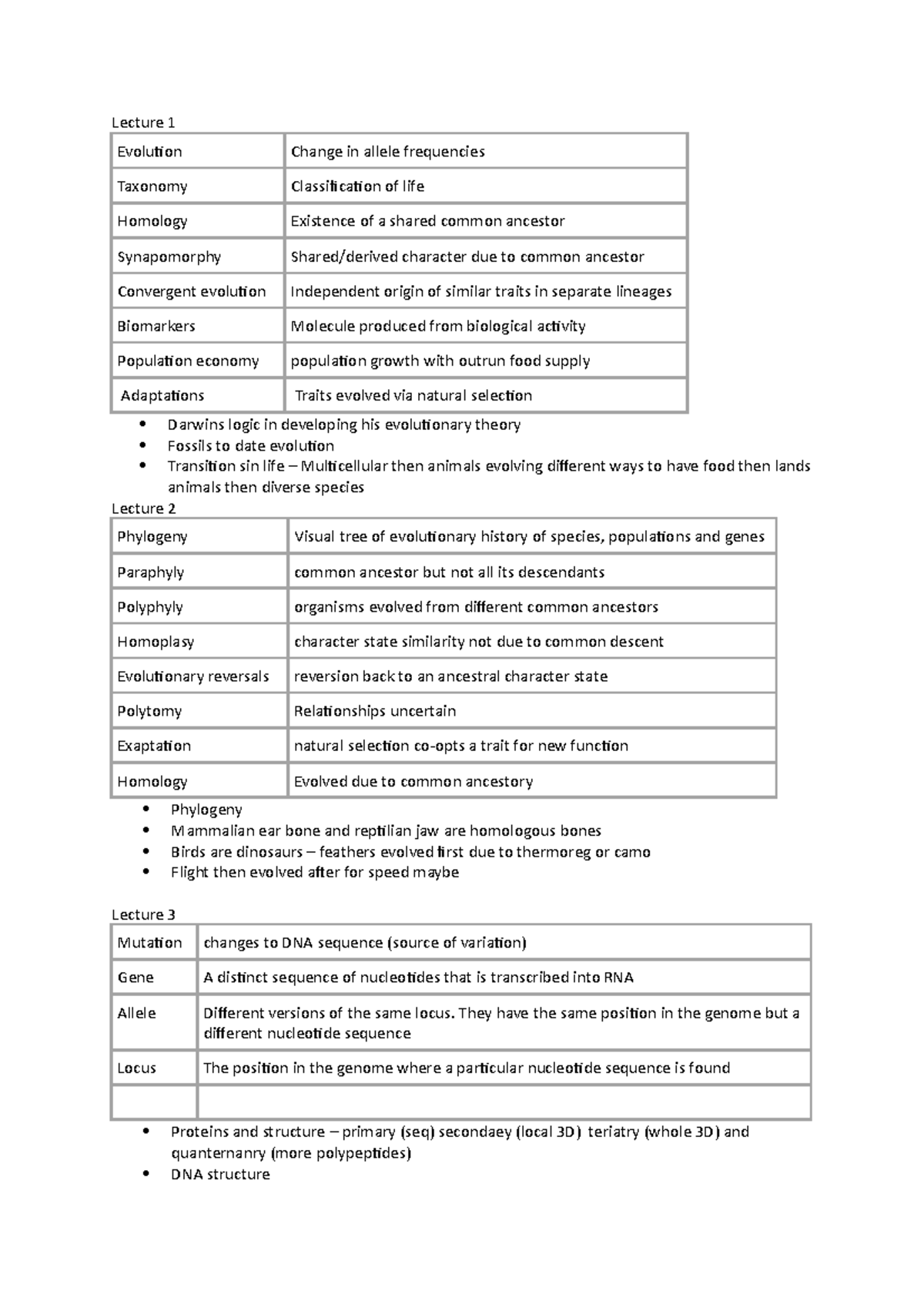 BIOL2000 1 Lectures - Lecture notes - Lecture 1 Evolution Change in ...