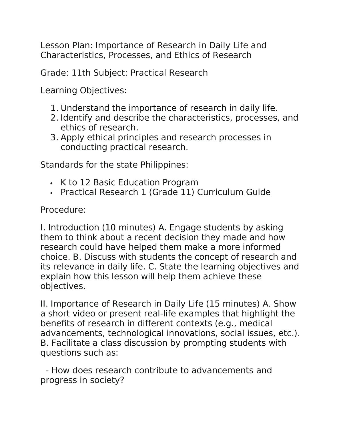 research lesson plan grade 10