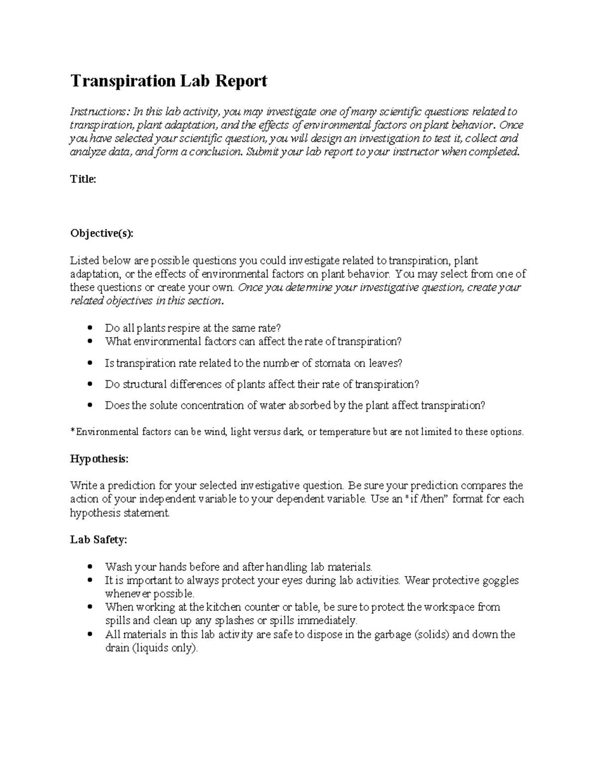 02 07 transpiration lab report - Transpiration Lab Report Instructions ...