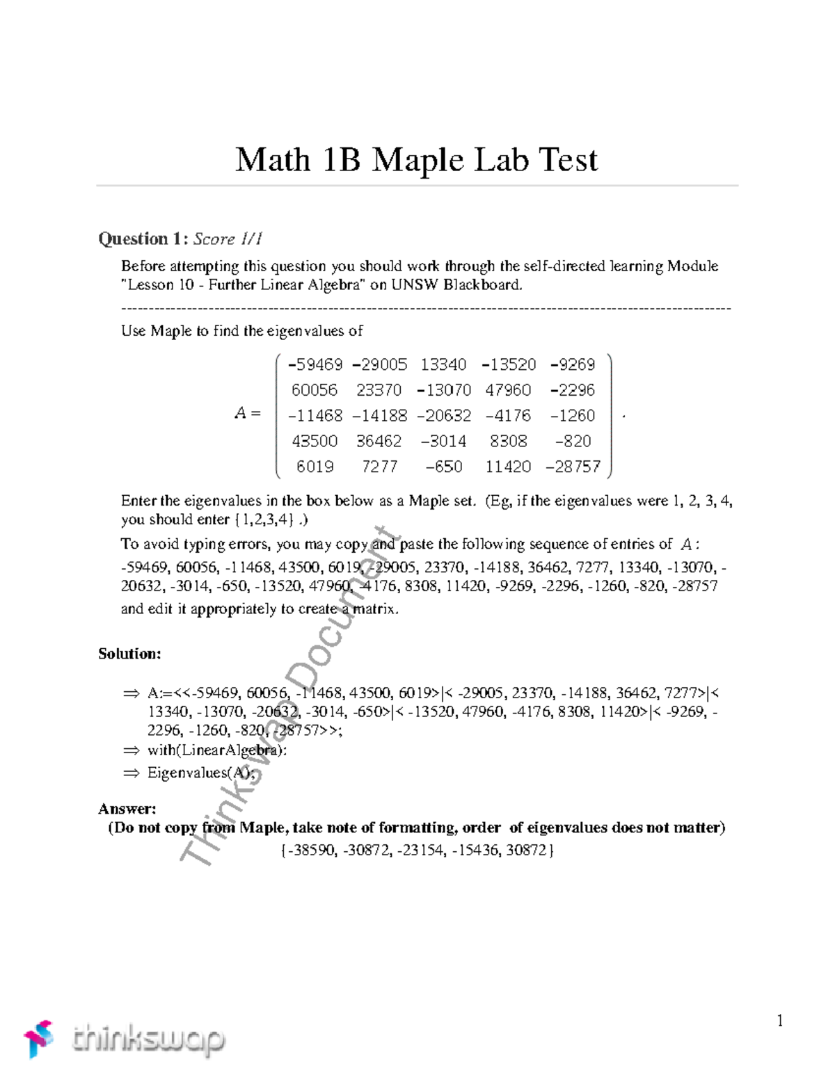 Maple 1231 answers Maple Math 1B Maple Lab Test Question 1 Score