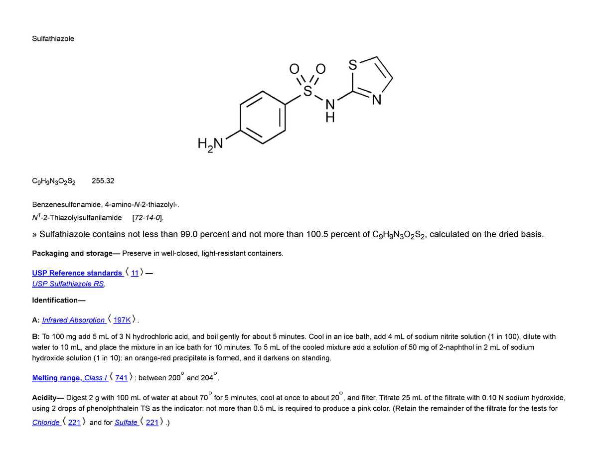 Sulfathiazole Usp Descripci N De Sulfatiazol Sulfathiazole C H N O S Studocu