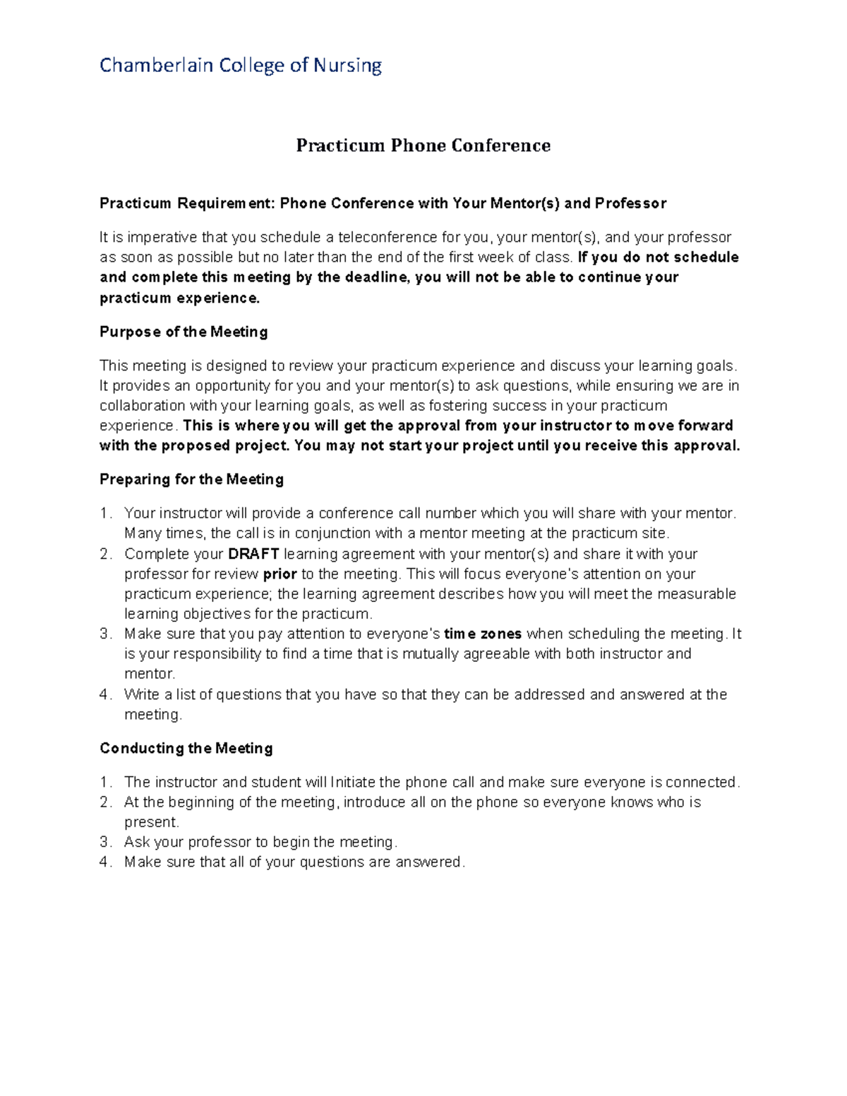 Practicum Conference Call Directions 2 15 - Chamberlain College of ...