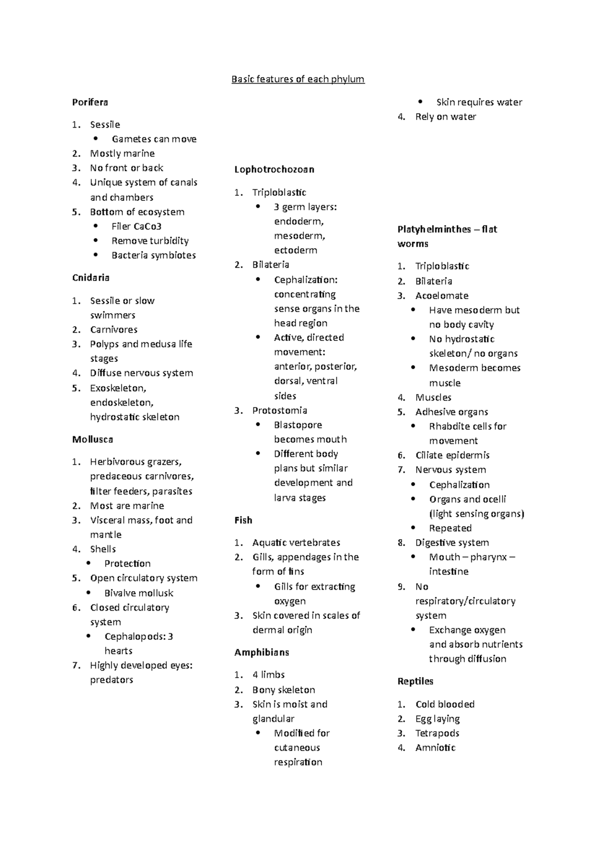 Animal Diversity Phyla Descriptions notes - Basic features of each ...