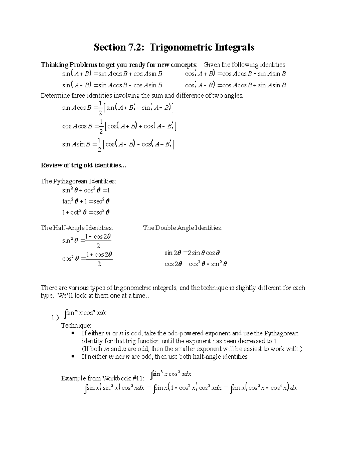 Section 7 - exam review - Section 7: Trigonometric Integrals Thinking ...