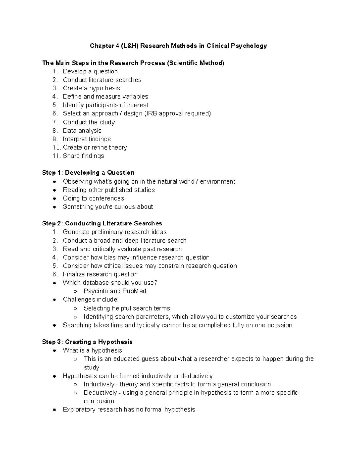 PSY 241 0 Chapter 4 (L&H) Notes - Chapter 4 (L&H) Research Methods in ...