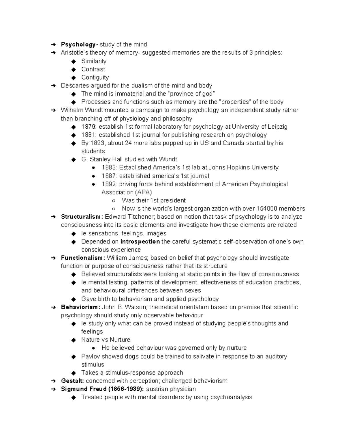 Unit 1 - unit 1 - Psychology- study of the mind Aristotle’s theory of ...