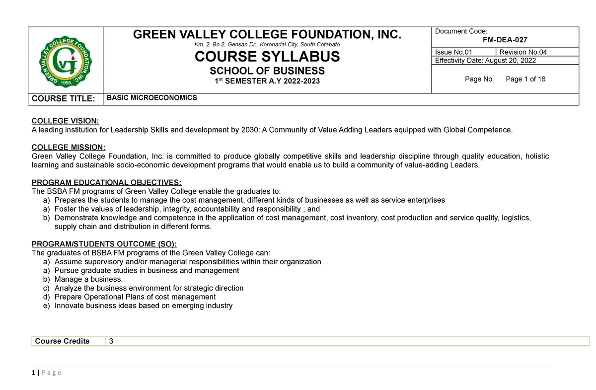 Basic Microeconomics Syllabus GREEN VALLEY COLLEGE FOUNDATION, INC