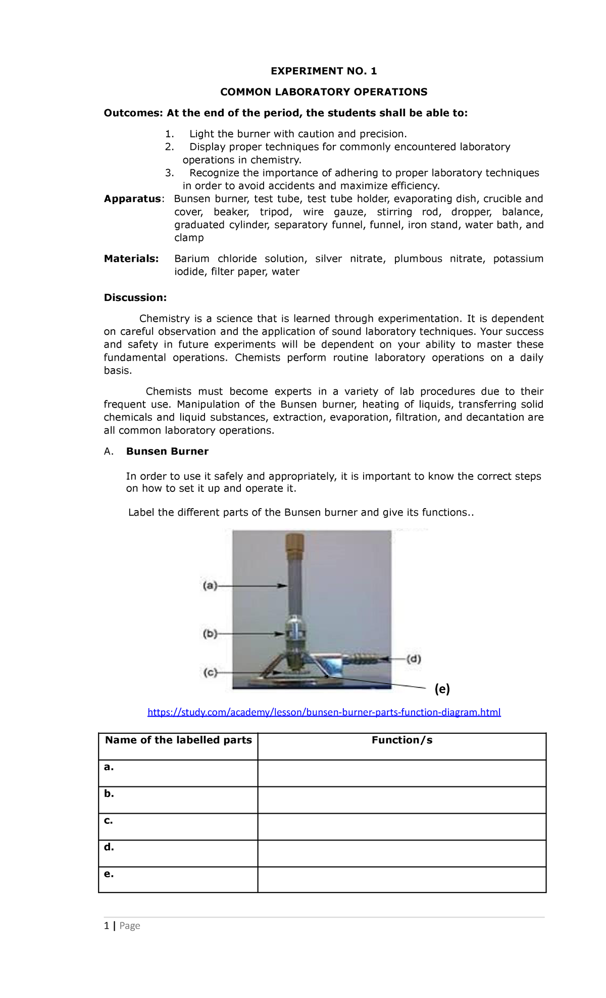 CHEM 102 Dentistry EXPT1 Common LAB Operations EXPERIMENT NO. 1