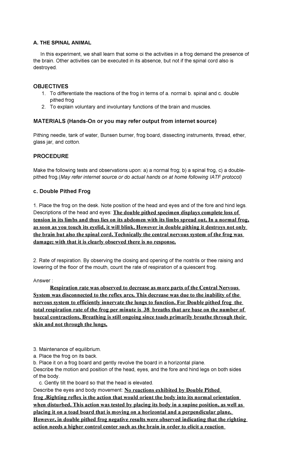 Double pithed frog - A. THE SPINAL ANIMAL In this experiment, we shall ...
