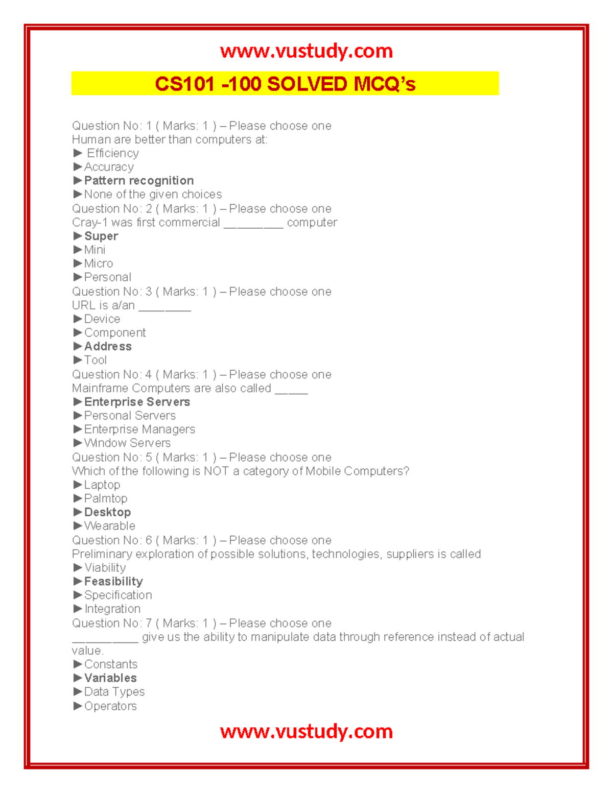 CS101 100 Solved Midterm MCQ’s 1 - CS101 -100 SOLVED MCQ’s Question No ...