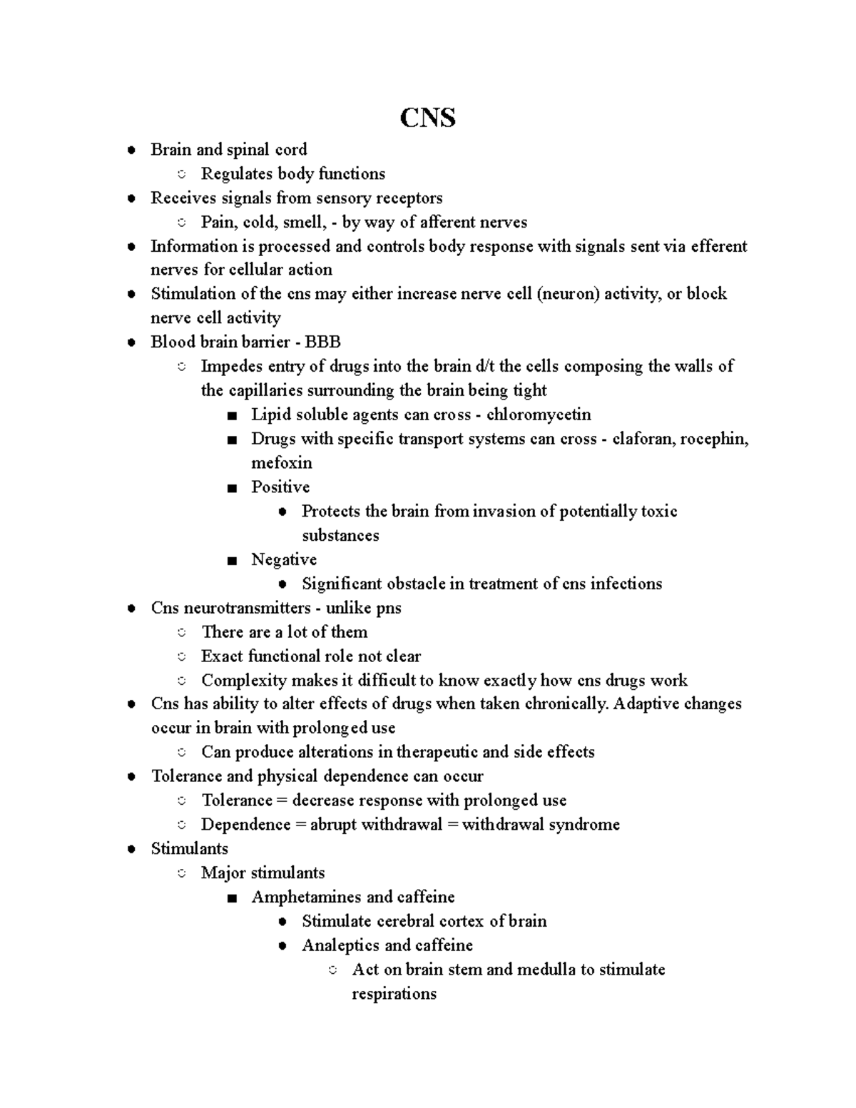 CNS - Pharmacology - CNS Brain and spinal cord Regulates body functions ...