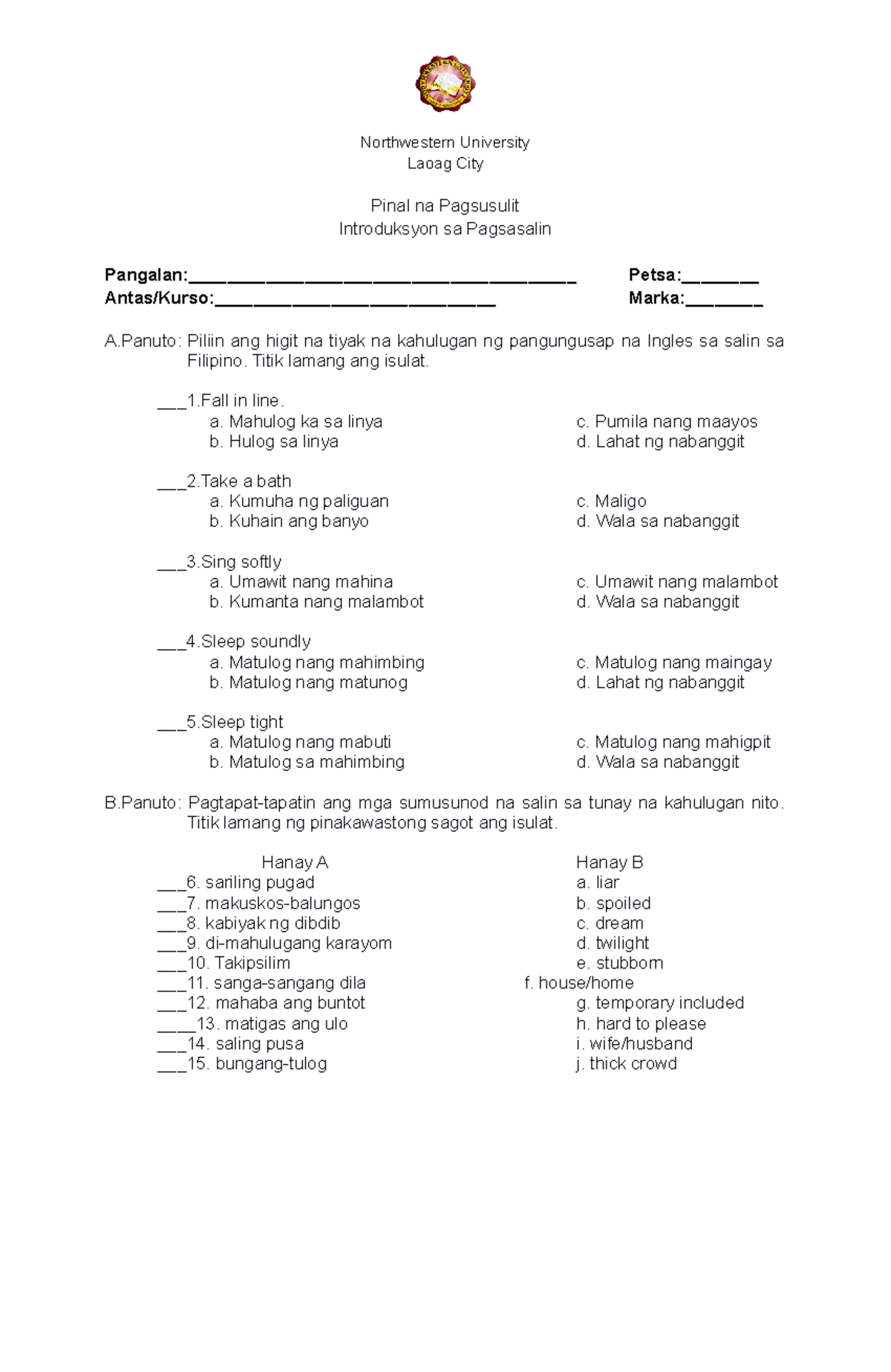 Final Exam Pagsasalin examinations in filipino Northwestern