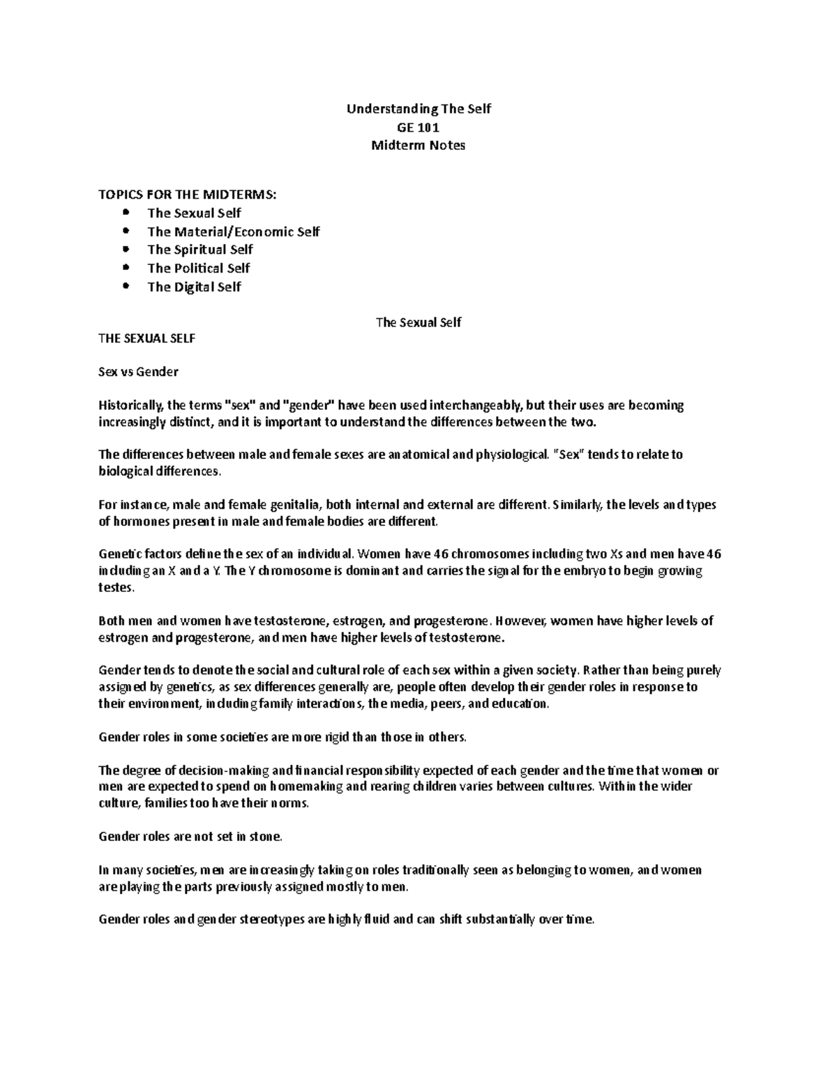 GE 101 Midterm Notes - Understanding The Self GE 101 Midterm Notes ...