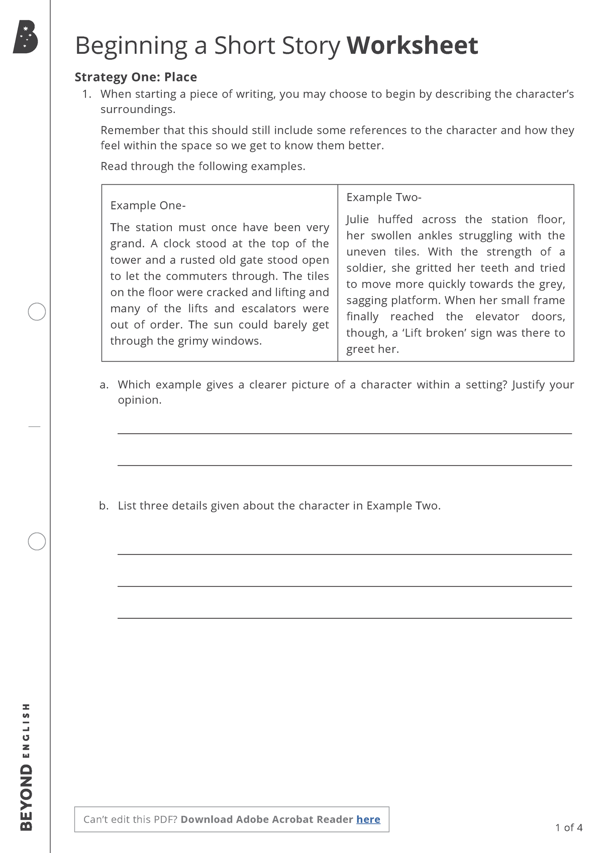 Beginning a Short Story Worksheet - Strategy One: Place 1. When ...