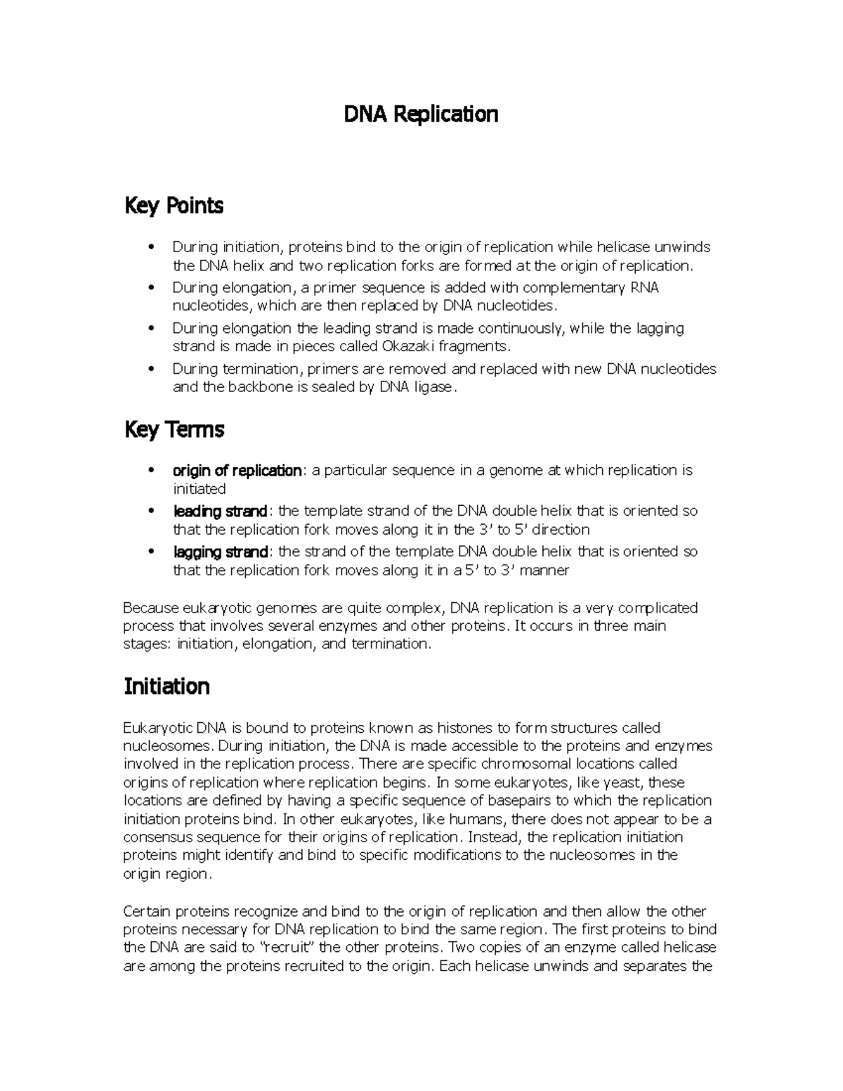 DNA Replication - DNA Replication Key Points During initiation ...