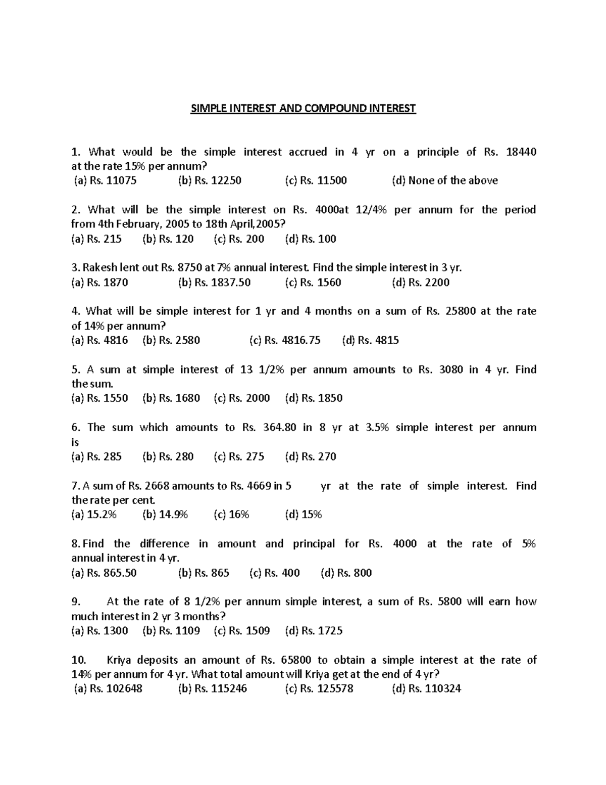 SI AND CI MCQ FOR GENERAL APTITUDE - SIMPLE INTEREST AND COMPOUND ...
