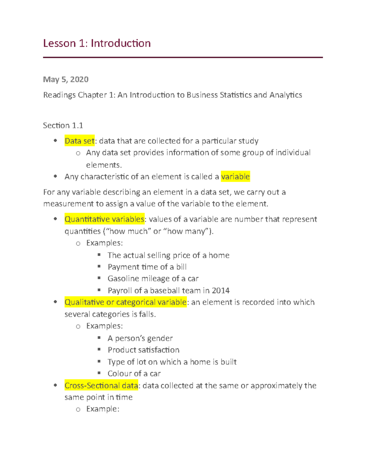 Lesson 1: Introduction To Business Statistics, Readings And Lecture ...