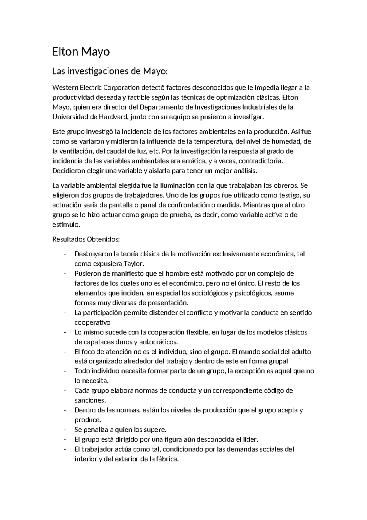 Elton Mayo Resumen - Elton Mayo Las investigaciones de Mayo: Western