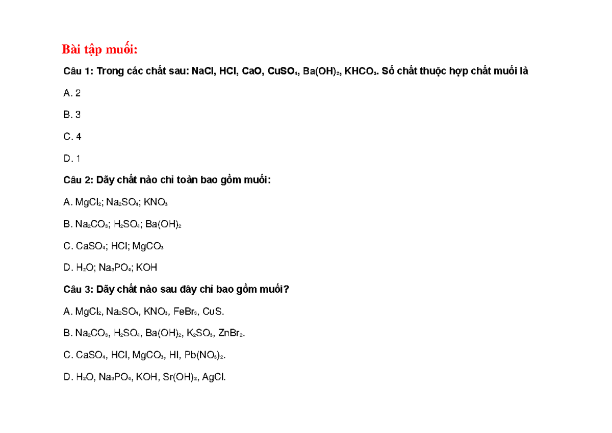 Bai t?p mu?i - mu?i - Bai t?p mu?i: Cau 1: Trong cac ch?t sau: NaCl ...