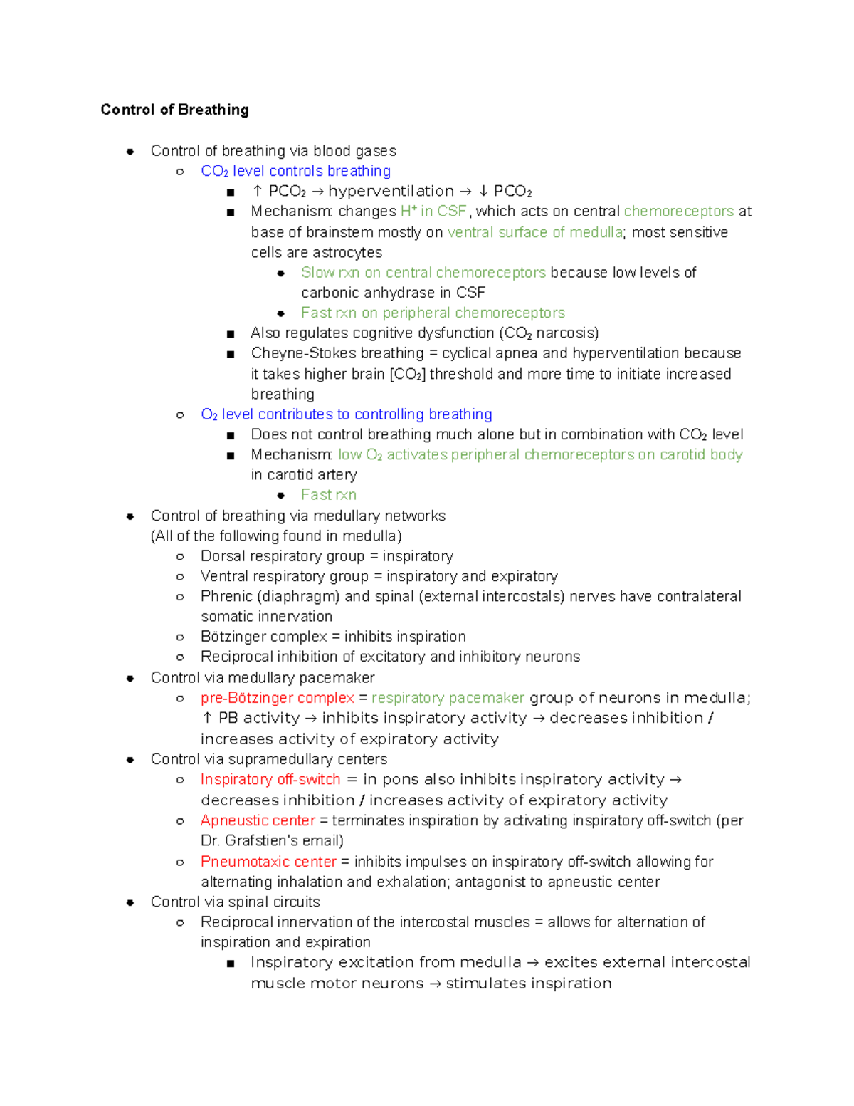 Control of Breathing - Summary Study Notes - Control of Breathing ...