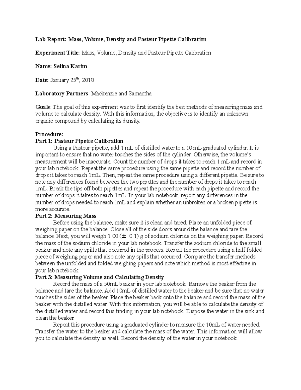 Lab Report 1 Grade 100 Lab Report Mass, Volume, Density and