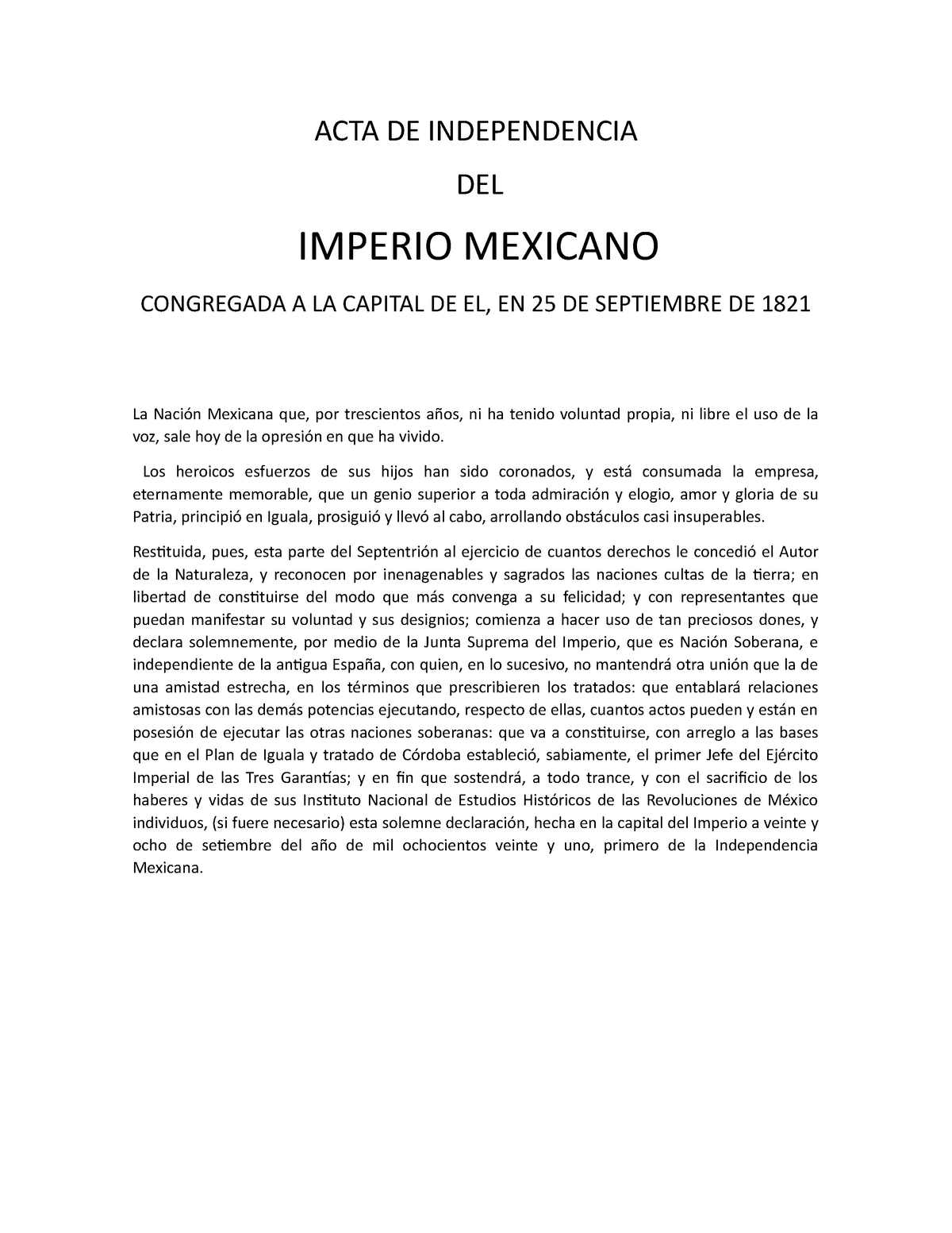 Acta De Independencia Del País México Acta De Independencia Del Imperio Mexicano Congregada A 7916